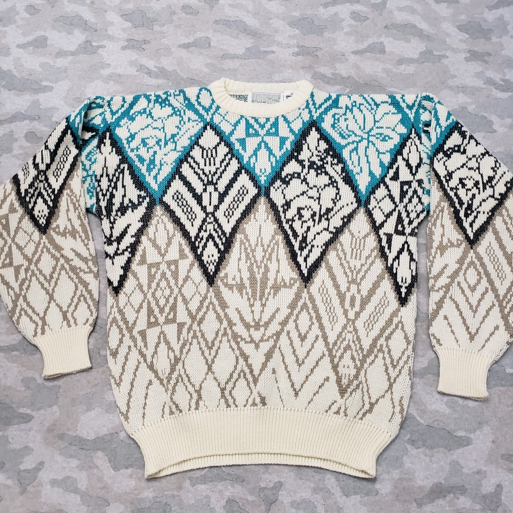 VTG Emporio Gitano Sweater Mens Medium Beige Pullover Long Sleeve Geometric